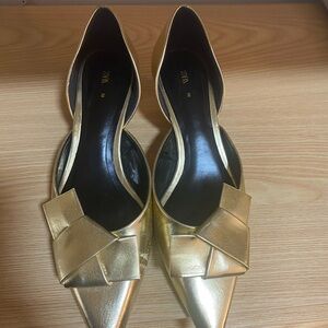 Zara Metallic Gold Heels with Bow Accent